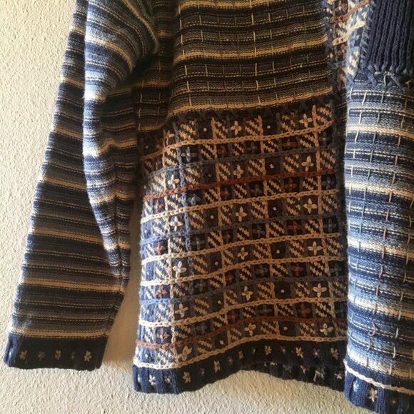VTG Northern Isles Hand Embroidered Knit Sweater Stripes Patchwork Pocket XL - Picture 3 of 7
